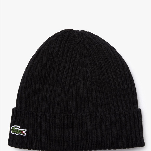 Lacoste Beanie Skully Black ribbed Wool Brand New $45 Retail - Picture 3 of 7